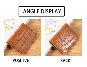 Detailed views of positive and back sides of brown crocodile texture wallet and card holder
