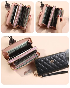 Détails de l'intérieur du portefeuille à double zip avec fentes pour cartes et téléphone