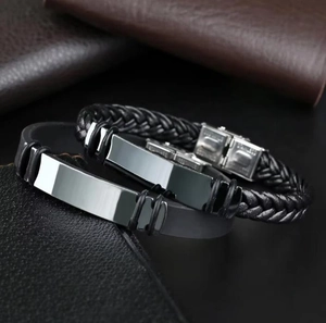 Pulseras de hombre en cuero trenzado negro y silicona con acero inoxidable pulido