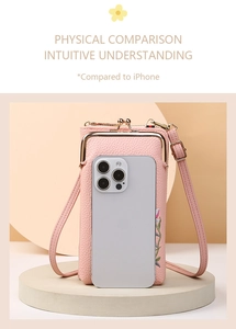 Pink lychee leather crossbody phone bag with floral embroidery and size comparison