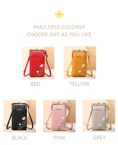 Vertical phone crossbody bags in multiple colors featuring floral embroidery and snap closure