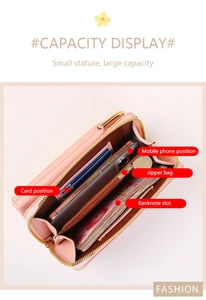 Pink lychee texture phone bag interior featuring card slots and a zipper pocket