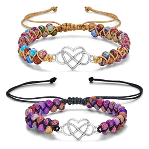 Handmade Natural Stone Braided Bracelet With Infinity Heart Zinc Alloy Charm Adjustable Imperial Jasper Beads Jewelry For Unisex