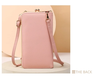 Rear view of pink lychee texture phone bag on white pedestal with gold buckle detail