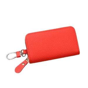 Red lychee pattern PU leather key pouch with silver metal hook and zipper closure
