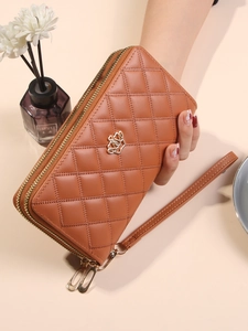 Mode Femmes Portefeuille Long Matelassé Double Fermeture Éclair Grande Capacité Cuir PU Pochette Avec Logo Couronne Sac Téléphone Portable