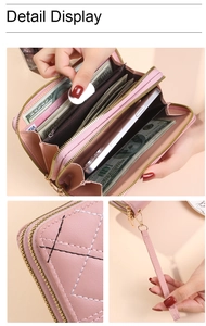 Detail display of pink quilted wallet with double zipper and multi-card holder storage