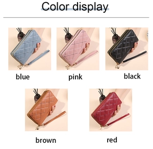 Color display of double zipper women wallets in blue pink black brown and red