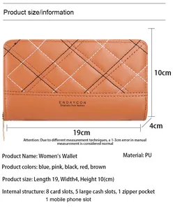 Size guide for women long PU leather wallet showing dimensions 19x10x4 cm and internal features