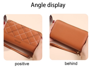Detailed front and back views of a brown double zipper wallet with diamond stitching