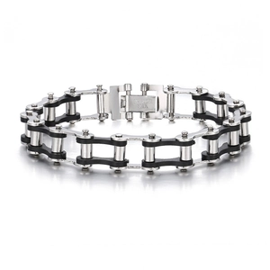 Bracciale punk in acciaio inossidabile a catena di bicicletta nero e argento da uomo