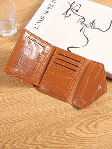 Minimalist brown crocodile texture card holder wallet with internal slots and photo window