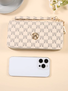 Portafoglio lungo da donna beige con stampa monogramma M e logo dorato