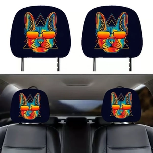 Set of two navy blue car headrest covers featuring cool French bulldog pop art illustration