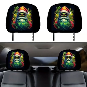 Car headrest covers with modern Santa Claus design and green leaf pattern detail