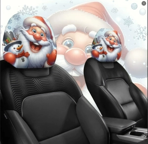 Pair of festive Christmas Santa and Snowman car headrest covers on leather seats