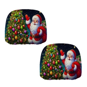 Detailed close-up of Christmas snowman seat cushion with Santa and holiday tree prints