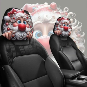 Detail of Christmas Santa Claus printed car headrest covers on black leather seats
