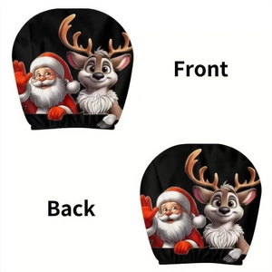 Front and back view of Christmas snowman and Santa swim cap with elastic fabric