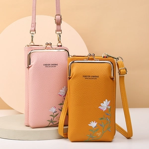 Lychee pattern faux leather mobile phone crossbody bag with floral embroidery and gold strap