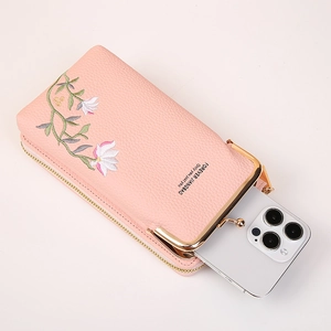 Pink lychee leather phone bag with floral embroidery and gold metal clasp closure