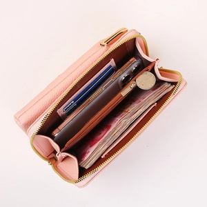 Pink lychee texture crossbody phone bag with internal slots for cards and smartphone