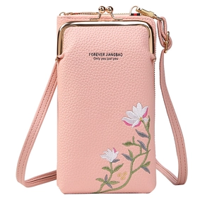 Pink lychee texture crossbody phone bag with floral embroidery and golden metal clasp