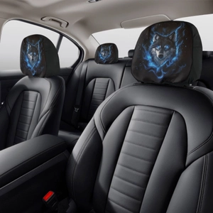 Car headrest covers with blue flame wolf print on black fabric shown in vehicle interior