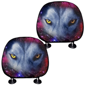 Wolf head and purple nebula printed car headrest covers set made of elastic fabric