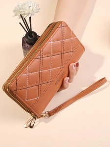 Dual zipper brown quilted leather long wallet with wristlet strap for women