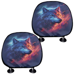 Universal car headrest covers set of 2 featuring fantasy colorful wolf head print art