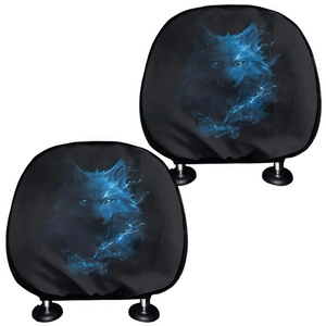 Universal car headrest covers set with creative blue glowing wolf print in black fabric