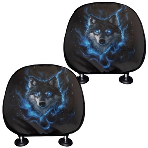 Universal car headrest covers set of 2 with blue flame wolf print on black fabric