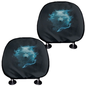 Universal car headrest covers 2pcs set featuring a blue lightning wolf print on black fabric