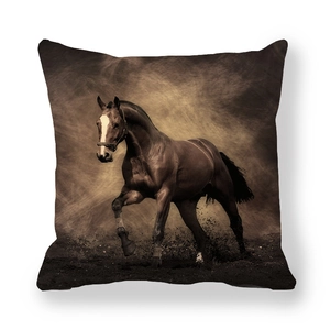 Detailed close-up of running brown horse print on thick peach skin fabric cushion cover