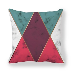 Detail of peach skin fabric pillowcase with geometric marble pattern and gold lines
