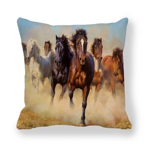 Detail of running horses digital print on thick peach skin fabric square pillowcase