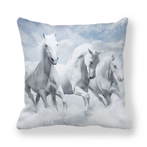 Macro view of running white horses print on thick peach skin fabric square pillowcase