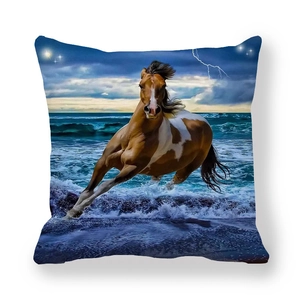 Detailed close-up of a square thick peach skin pillowcase with a running horse and starry night