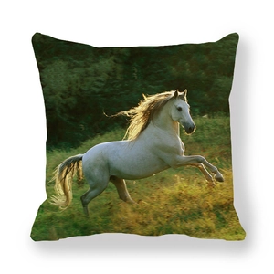 Detailed view of the running white horse print on thick peach skin pillowcase fabric
