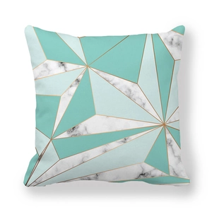 Geometric peach skin cushion cover with blue marble pattern and gold line accents