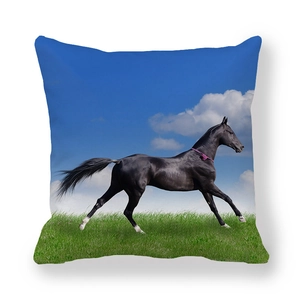Close-up detail of high-definition black running horse print on square peach skin pillowcase