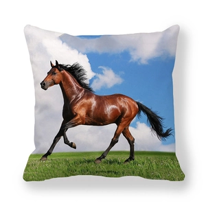 Macro detail of running horse print on thick peach skin fabric square pillowcase