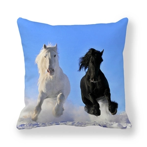 Detail of running horses print on square cushion cover with high-definition digital texture