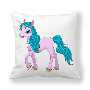 Detail of pink cartoon unicorn print on white soft microfiber square pillowcase