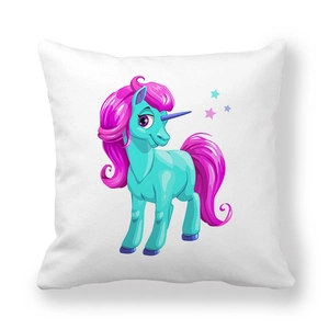 Detail of white square pillowcase with cute pink unicorn cartoon illustration print