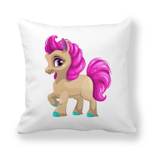 Close-up of pink cartoon unicorn print on white soft microfiber cushion cover