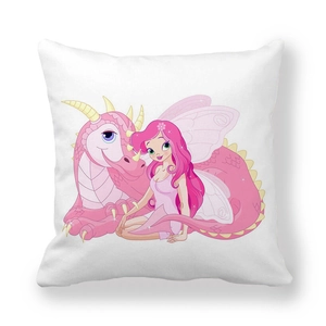 Detail of pink cartoon dragon and fairy print on soft white peach skin pillowcase