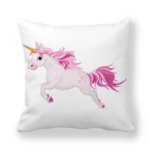 Detail of pink cartoon unicorn print on white peach skin fabric decorative pillowcase