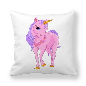 White cartoon unicorn decorative pillowcase with pink floral unicorn print for girls room
